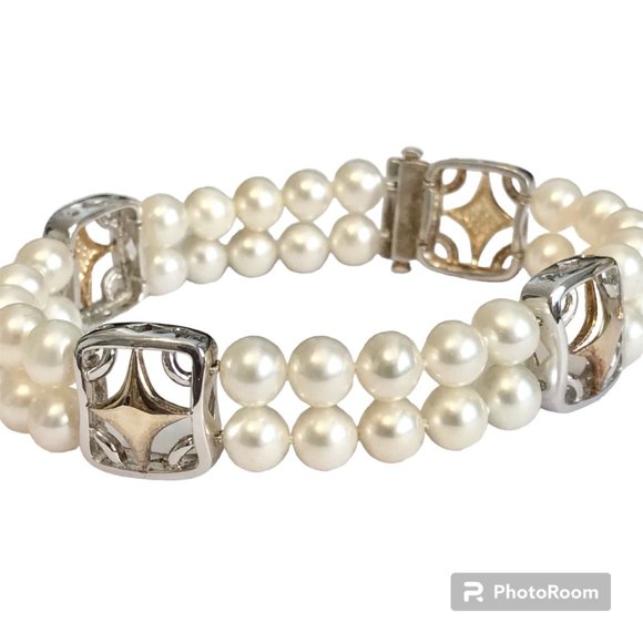 Vintage Sterling Silver White Pearl Bracelet Ross & Simons Estate Double Strand - Picture 1 of 16